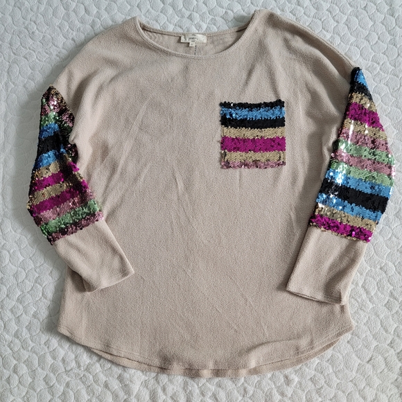 Entro sequin sweater sweatshirt fleece small colorful rainbow pocket top - Picture 9 of 9